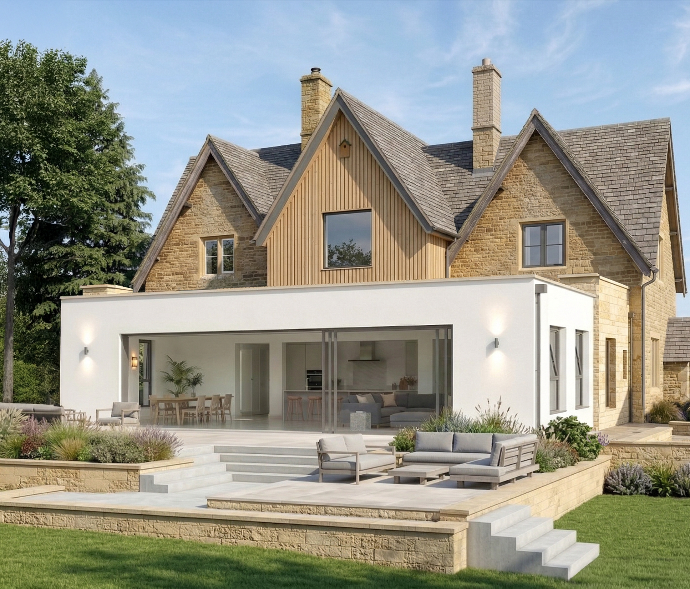 Two-storey rear extension with tiered patio at dusk